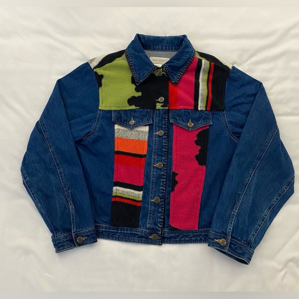 Vintage SUSAN BRISTOL Fleece Patchwork Blue Denim Jacket. Size Large